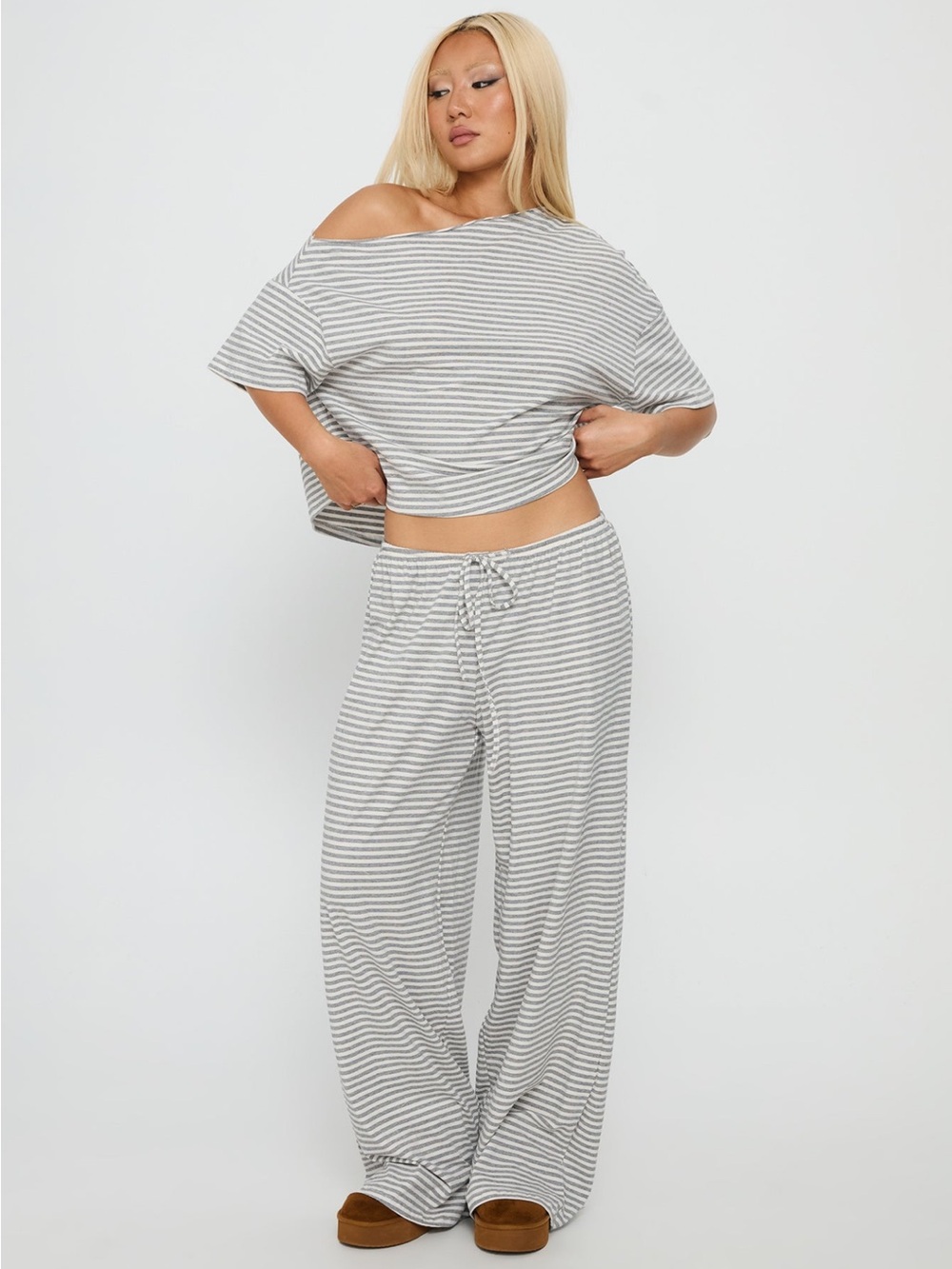 Tobie Off Shoulder Sleep Set Grey Stripe from princess Polly